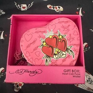 Ed Hardy Pink Heart Coin Purse with Red Tattoo Hearts
